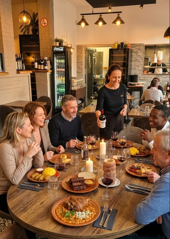 Une tablée conviviale partage un repas dans la salle d’El Sol