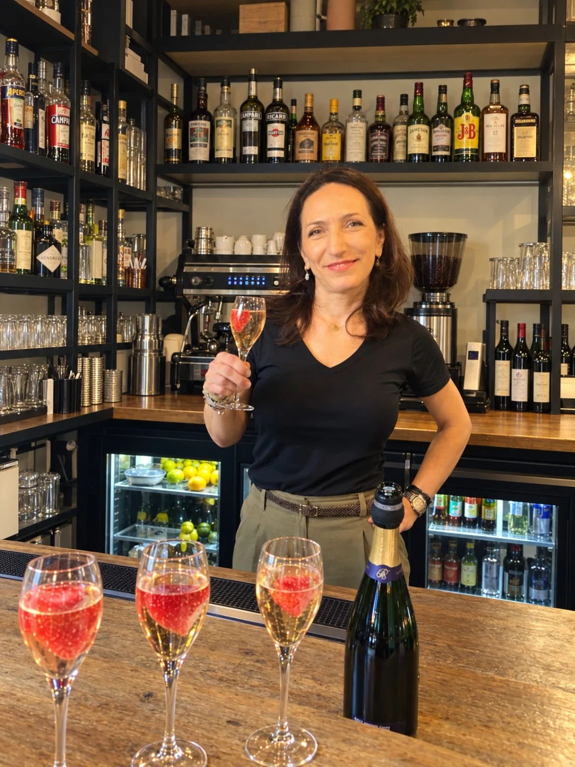 Catalina au comptoir d’El Sol, un verre à la main