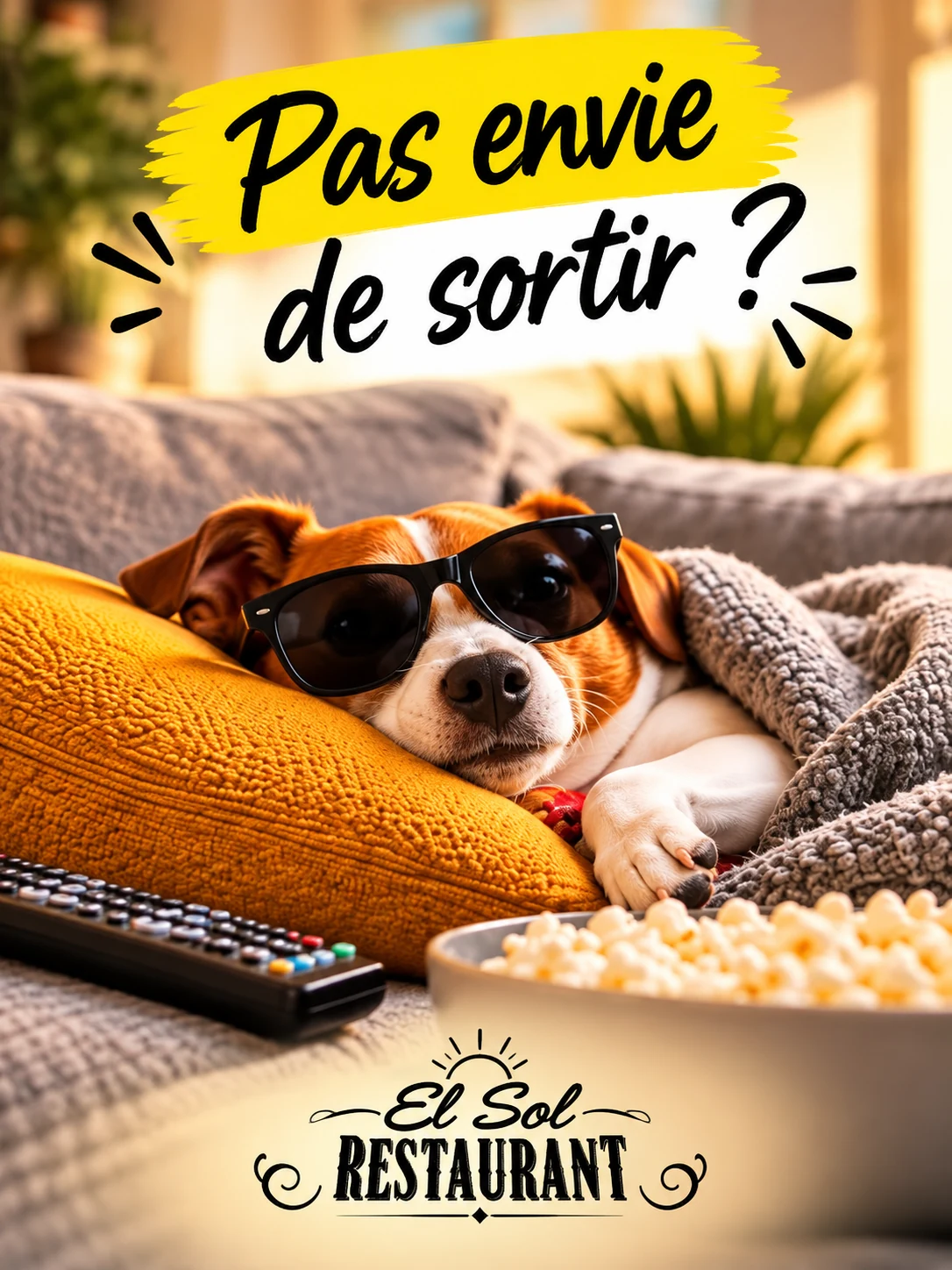 Pas envie de sortir ? Un chien en lunettes de soleil sur un canapé, avec le logo El Sol Restaurant