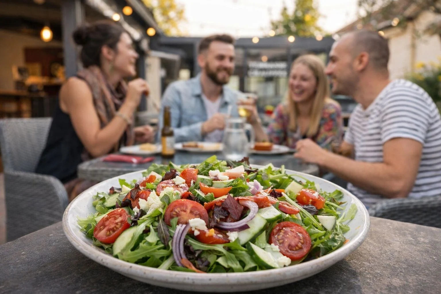 Quatre personnes partagent un repas sur la terrasse d’El Sol, comme sur la présentation