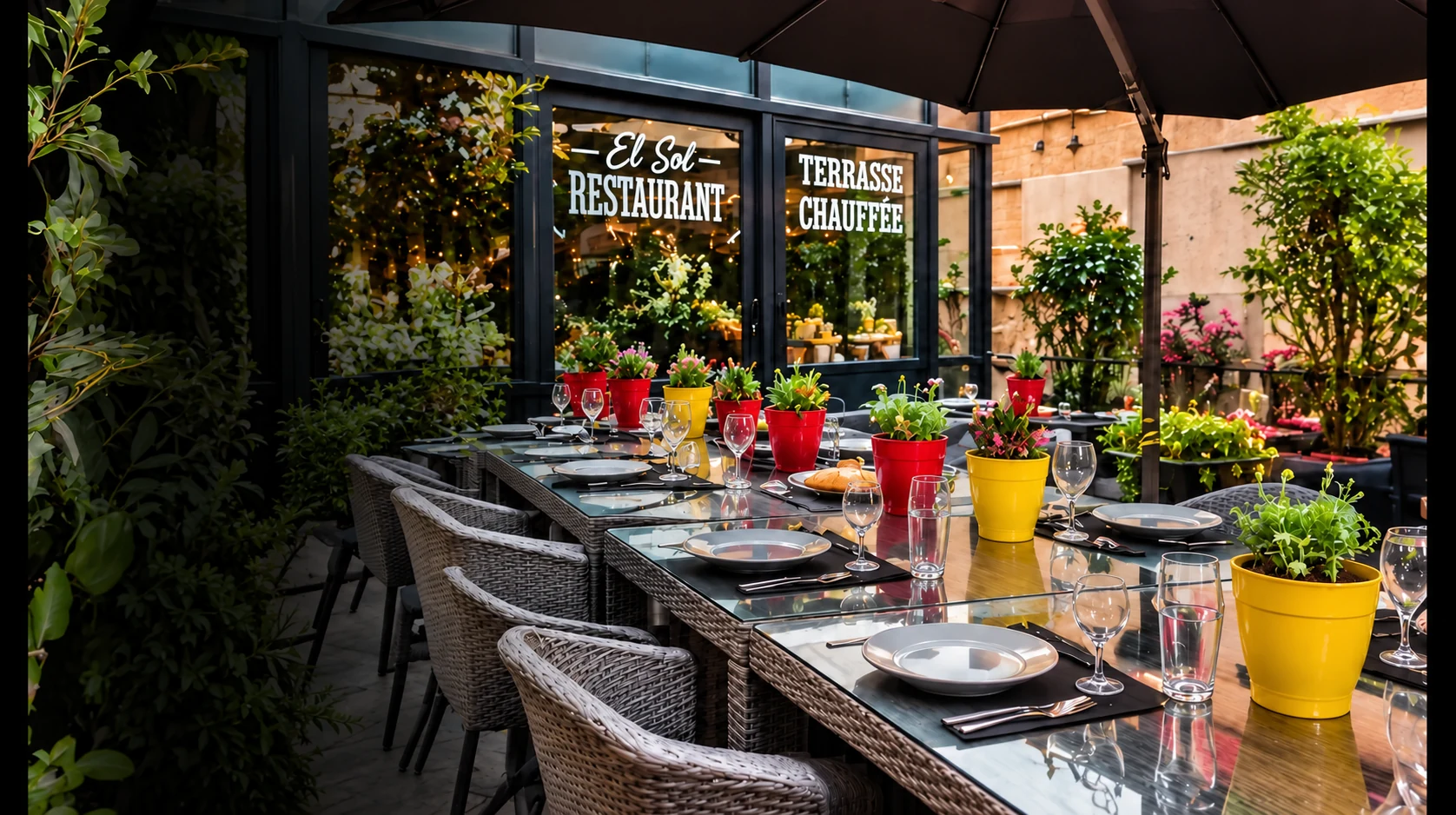 La terrasse d’El Sol face à la véranda, avec ses tables dressées et ses pots de fleurs rouges et jaunes